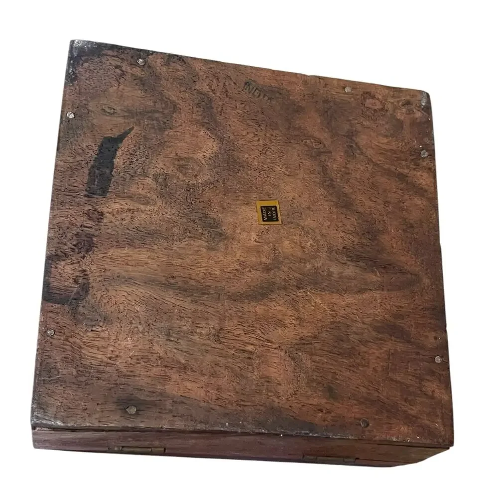Vintage Hand Carved Wooden Trinket/Jewelry Box Hinged Leaves India 5” Square